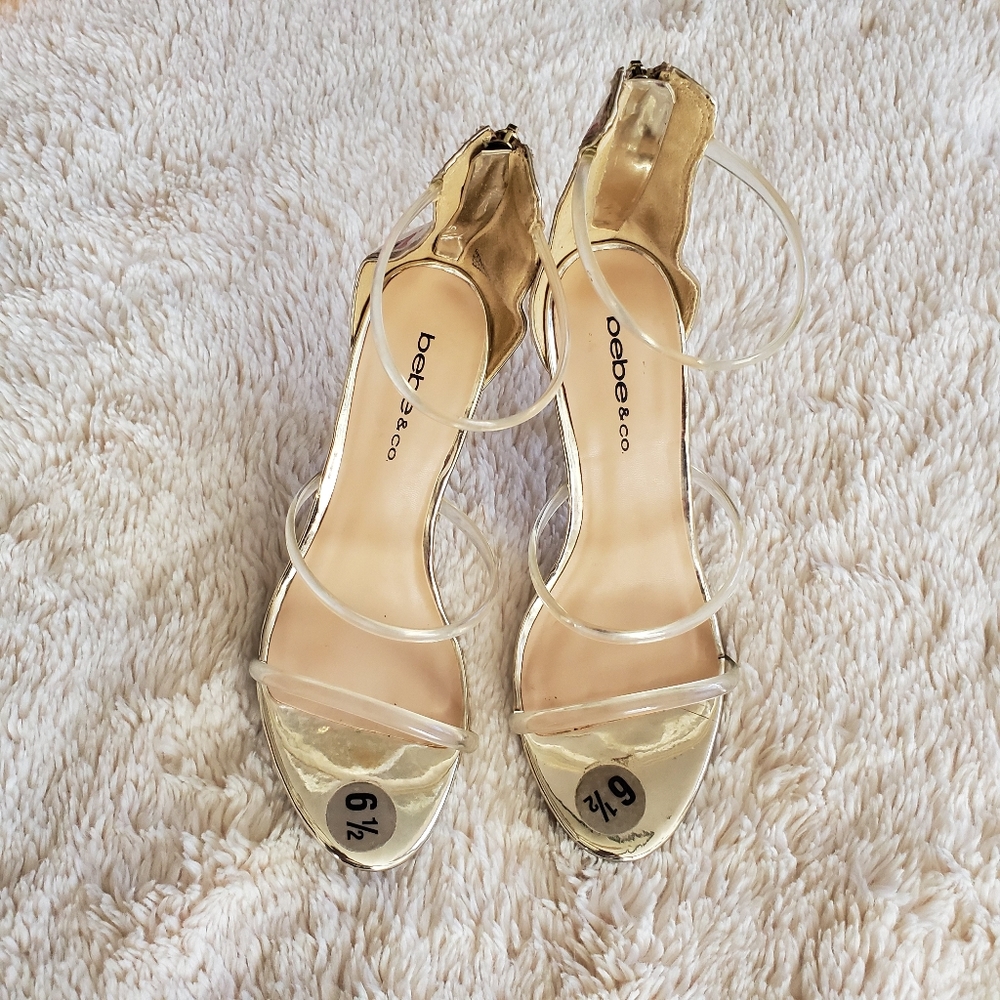 Bebe gold heels & clear straps